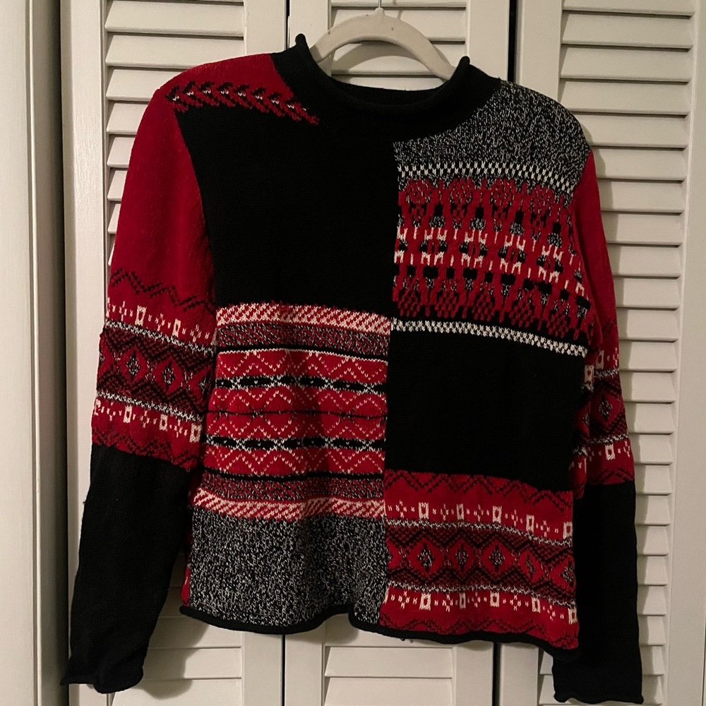 Vintage Korey Monterey Red Chenille and Black Knit Sweater Size Medium Petite